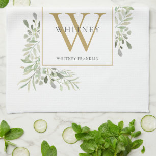 Gold Monogram Watercolor Greenery Tea Towel