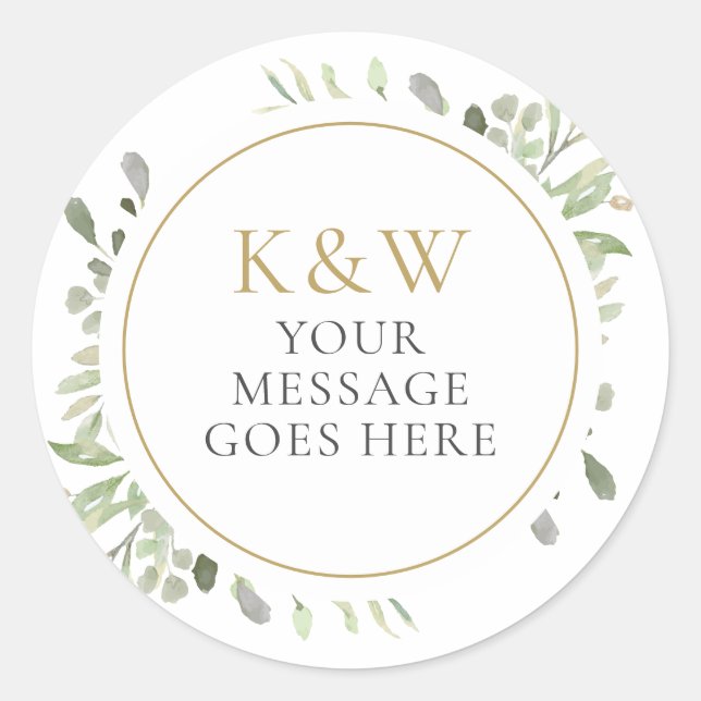 Gold Monogram Watercolor Greenery Wedding Classic Round Sticker (Front)