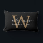 Gold Monogram Wedding Date Black Lumbar Pillow<br><div class="desc">Elegant wedding keepsake pillow features your names in white chic handwritten script calligraphy and your stylish gold monogram on a black background. Simply add your names, monogram and wedding date. Great gift for a newlywed couple. Exclusively designed for you by Happy Dolphin Studio. If you need any help or matching...</div>
