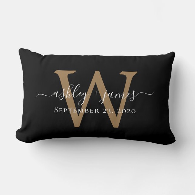 Gold Monogram Wedding Date Black Lumbar Pillow (Front)