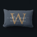 Gold Monogram Wedding Date Dark Blue Lumbar Cushion<br><div class="desc">Elegant wedding keepsake pillow features your names in white chic handwritten script calligraphy and your stylish gold monogram on a dark blue background. Simply add your names, monogram and wedding date. Great gift for a newlywed couple. Exclusively designed for you by Happy Dolphin Studio. If you need any help or...</div>