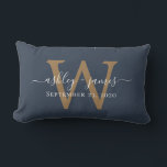 Gold Monogram Wedding Date Dark Blue Lumbar Cushion<br><div class="desc">Elegant wedding keepsake pillow features your names in white chic handwritten script calligraphy and your stylish gold monogram on a dark blue background. Simply add your names, monogram and wedding date. Great gift for a newlywed couple. Exclusively designed for you by Happy Dolphin Studio. If you need any help or...</div>