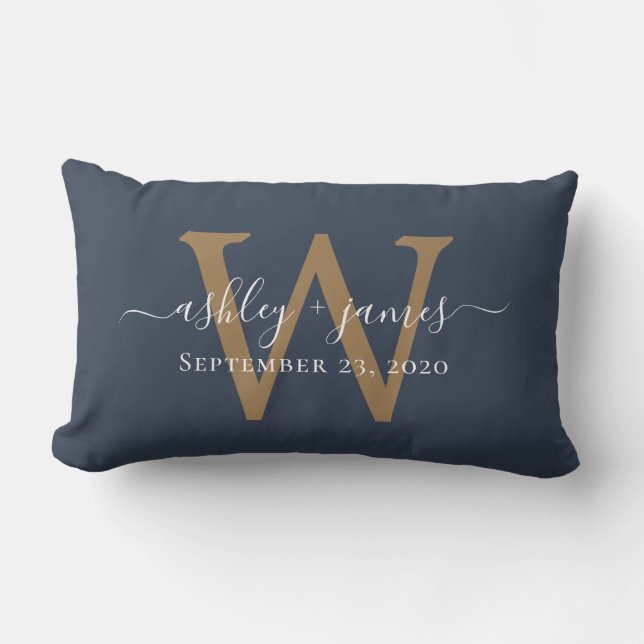 Gold Monogram Wedding Date Dark Blue Lumbar Cushion (Front)