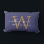 Gold Monogram Wedding Date Navy Blue Lumbar Cushion<br><div class="desc">Elegant wedding keepsake pillow features your names in white chic handwritten script calligraphy and your stylish gold monogram on a navy blue background. Simply add your names, monogram and wedding date. Great gift for a newlywed couple. Exclusively designed for you by Happy Dolphin Studio. If you need any help or...</div>