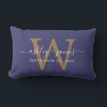 Gold Monogram Wedding Date Navy Blue Lumbar Cushion<br><div class="desc">Elegant wedding keepsake pillow features your names in white chic handwritten script calligraphy and your stylish gold monogram on a navy blue background. Simply add your names, monogram and wedding date. Great gift for a newlywed couple. Exclusively designed for you by Happy Dolphin Studio. If you need any help or...</div>