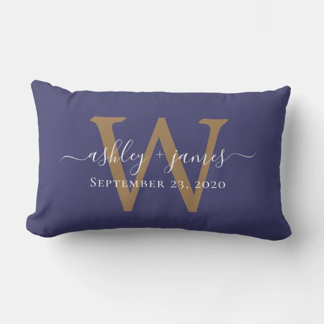 Gold Monogram Wedding Date Navy Blue Lumbar Cushion (Front)