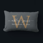 Gold Monogram Wedding Date Off-Black Lumbar Cushion<br><div class="desc">Elegant wedding keepsake pillow features your names in white chic handwritten script calligraphy and your stylish gold monogram on an off-black background. Simply add your names, monogram and wedding date. Great gift for a newlywed couple. Exclusively designed for you by Happy Dolphin Studio. If you need any help or matching...</div>