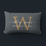Gold Monogram Wedding Date Off-Black Lumbar Cushion<br><div class="desc">Elegant wedding keepsake pillow features your names in white chic handwritten script calligraphy and your stylish gold monogram on an off-black background. Simply add your names, monogram and wedding date. Great gift for a newlywed couple. Exclusively designed for you by Happy Dolphin Studio. If you need any help or matching...</div>