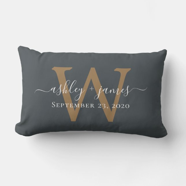 Gold Monogram Wedding Date Off-Black Lumbar Cushion (Front)