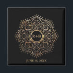 Gold Monogram Wedding Favour Boho Mandala Magnet<br><div class="desc">Custom, elegant gold boho wedding favour magnets- Elegant, bohemian style. Beautiful floral mandala that looks like gold foil on a black background. Monogrammed couple's initials in gold hue, are centred on a black and shiny gold effect circle. Customised wedding date printed below in gold colour. Note: All images are printed....</div>