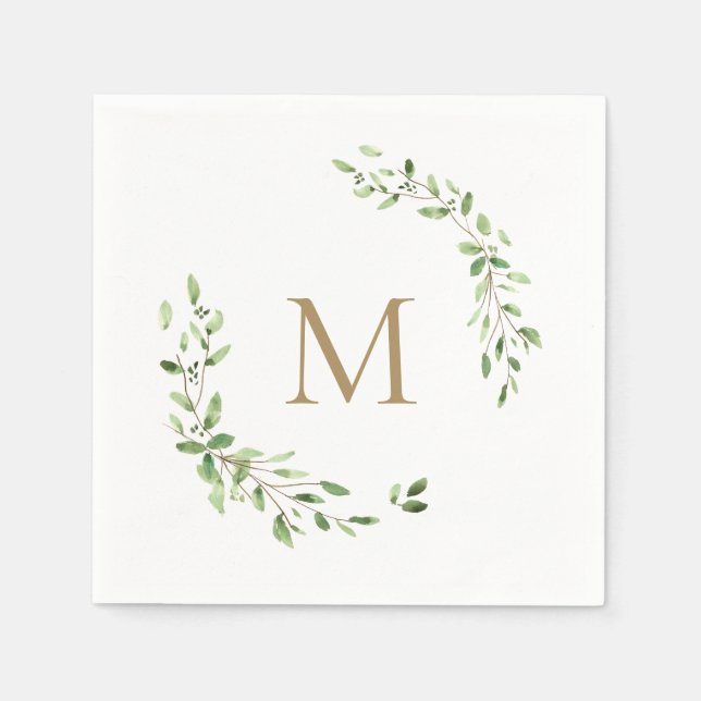 Gold Monogram Wedding Green leaves Crest  Napkin (Front)