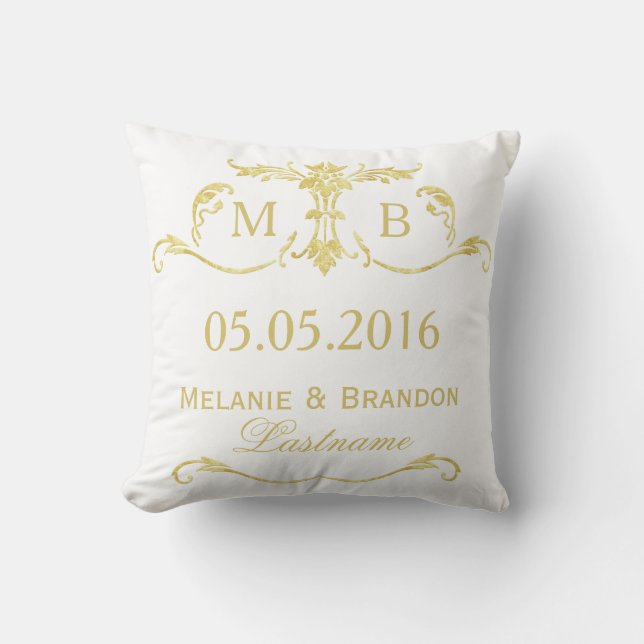 Gold monogram wedding pillow personalised (Front)