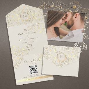 Gold Monogram Wedding QR Code All In One Invitation