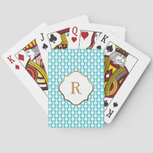 Gold Monogram White Circles on Aqua Retro Pattern Playing Cards