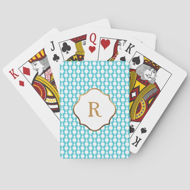 Gold Monogram White Circles on Aqua Retro Pattern Playing Cards (Back)
