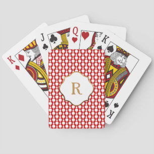 Gold Monogram White Circles on Red Retro Pattern Playing Cards