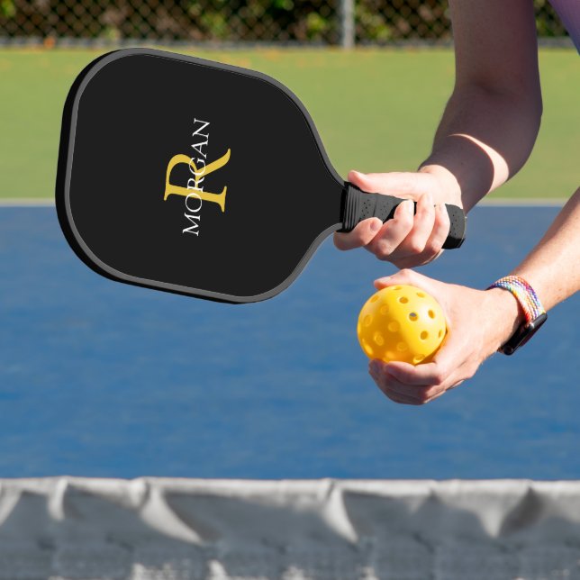 Gold Monogram & White Name on Black Pickleball Paddle (Insitu)