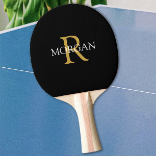 Gold Monogram & White Name on Black Ping Pong Paddle