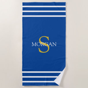 Gold Monogram & White Name, White Stripes, Dp Blue Beach Towel