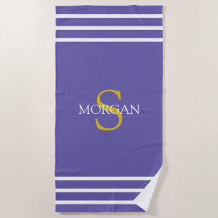 Gold Monogram/White Name White Stripes, Purple Beach Towel