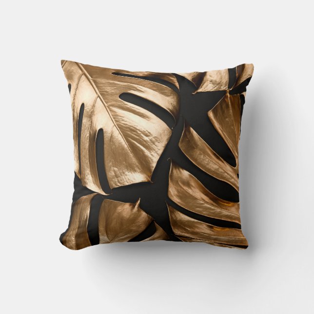 Gold monstera leaves pattern cushion (Front)
