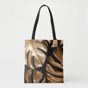 Gold monstera leaves pattern tote bag
