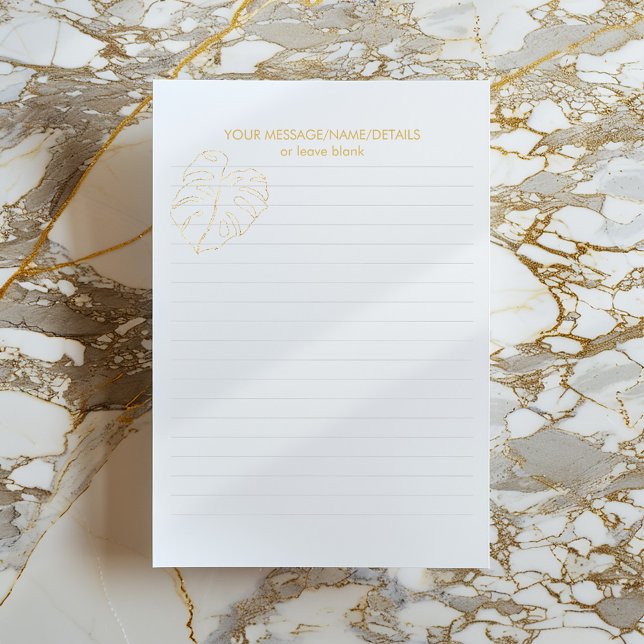 Gold Monstera plant leaf, gold cheese plant lined Notepad (Minimalist lined notepad with gold monstera header and space for a custom message.)