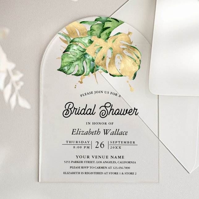 Gold Monstera Tropical Palm Bridal Shower Acrylic Invitations (Creator Uploaded)