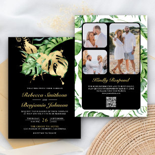 Gold Monstera Tropical Palm QR Code Black Wedding Invitation
