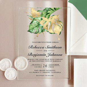 Gold Monstera Tropical Palm Wedding Acrylic Invitations