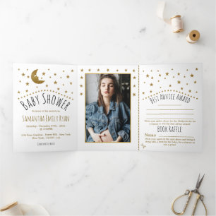 Gold Moon and Stars, Baby Shower Suite Tri-Fold Invitation
