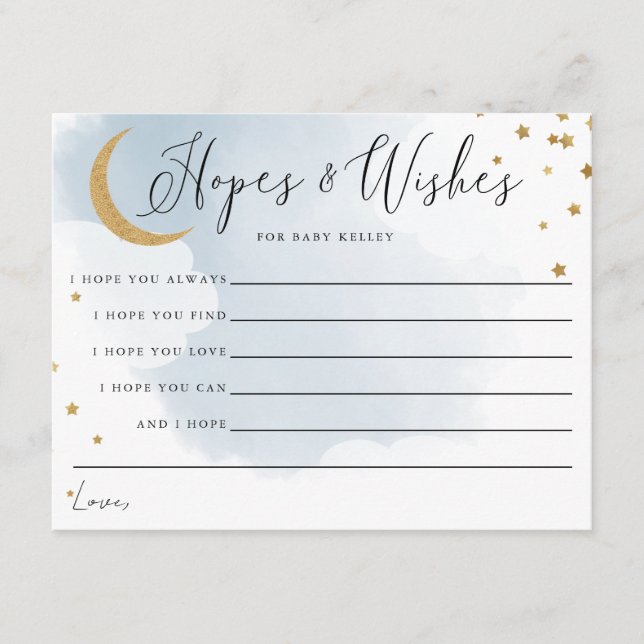 Gold Moon and Stars Blue Baby Shower Advice Card (Front)