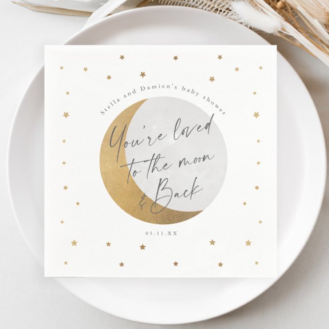 Gold Moon and Stars Gender Neutral Baby Shower Napkin (Elegant Gold Moon and Stars Script Gender Neutral Baby Shower Napkin.)