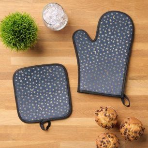 Gold Moon and Stars Night Sky Oven Mitt & Pot Holder Set