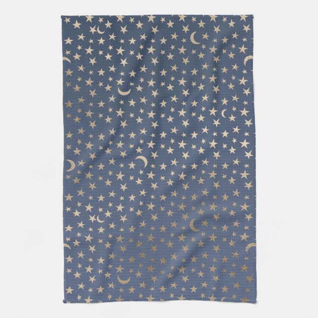 Gold Moon and Stars Night Sky Tea Towel (Vertical)