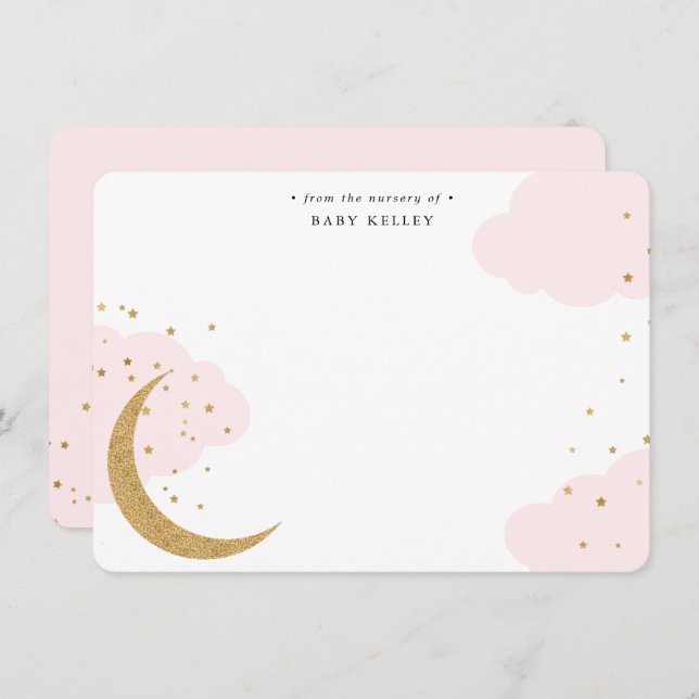 Gold Moon and Stars, Pink Clouds Baby Flat Card (Front/Back)