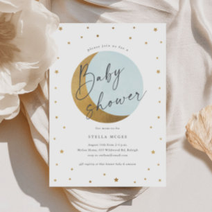 Gold Moon and Stars Script Boys Baby Shower Invitation