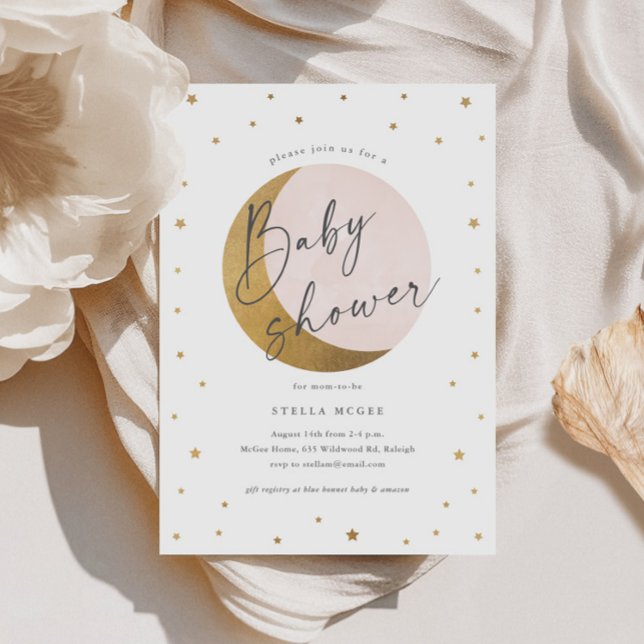 Gold Moon and Stars Script Girls Baby Shower Invitation (Gold Moon and Stars Script Girls Baby Shower Invitations.)