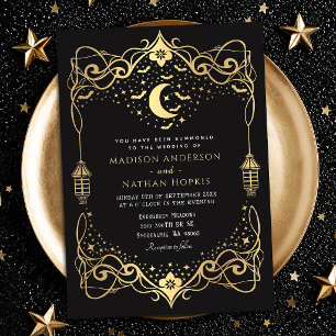 Gold Moon Gothic Bats Lantern Wedding Invitation