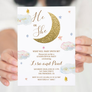 Gold Moon He or She Gender Reveal Invitation