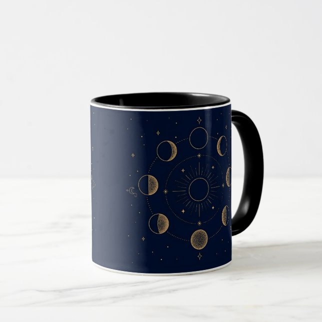 Gold Moon Phases Celestial Navy Blue Mug (Front Right)
