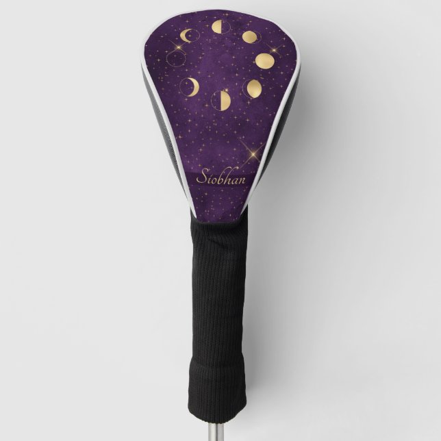 Gold Moon Phases Purple Stars Personalised Golf Head Cover (Front)