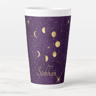 Gold Moon Phases Purple Stars Personalised Latte Mug