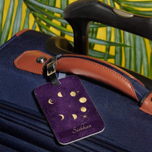 Gold Moon Phases Purple Stars Personalised Luggage Tag (Front Insitu 1)