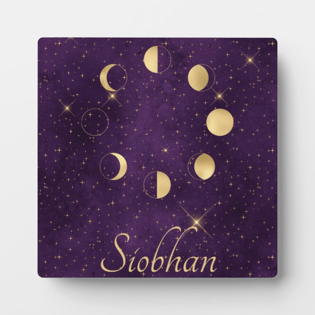 Gold Moon Phases Purple Stars Personalised Plaque (Front)