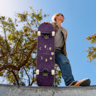 Gold Moon Phases Purple Stars Personalized  Skateboard