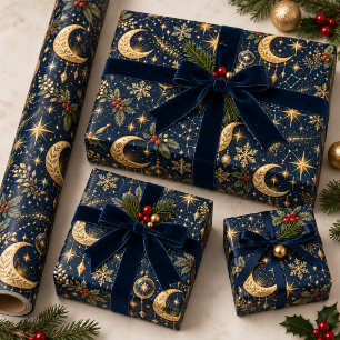 Gold Moon Stars Constellation Celestial Christmas Wrapping Paper