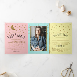 Gold Moon & Stars, Pastel Colour Baby Shower Suite Tri-Fold Invitation
