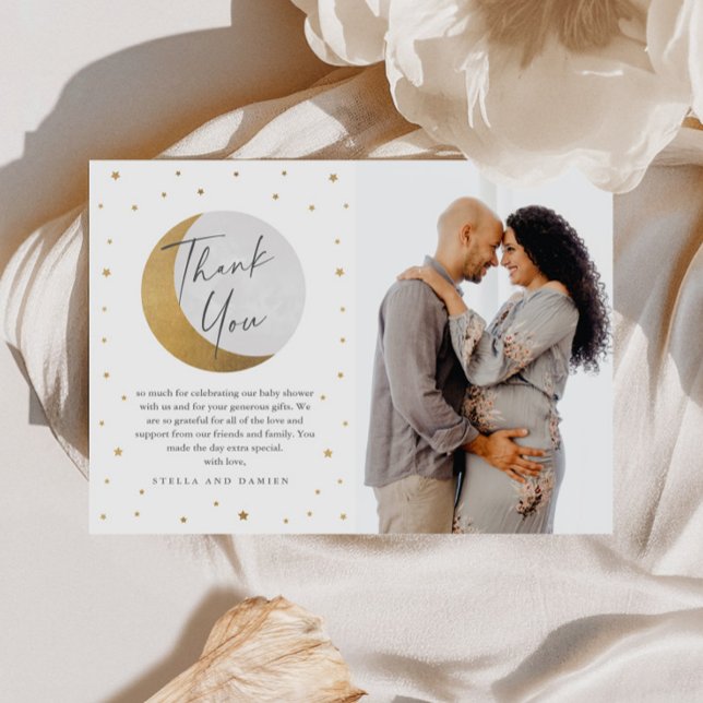 Gold Moon & Stars Photo Baby Shower Thank You Card (Gold Moon and Stars Baby Shower Photo Thank You Card.)