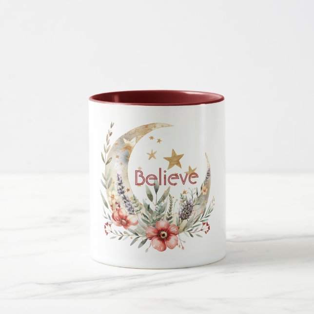 Gold Moon Stars Red Flowers  Mug (Center)
